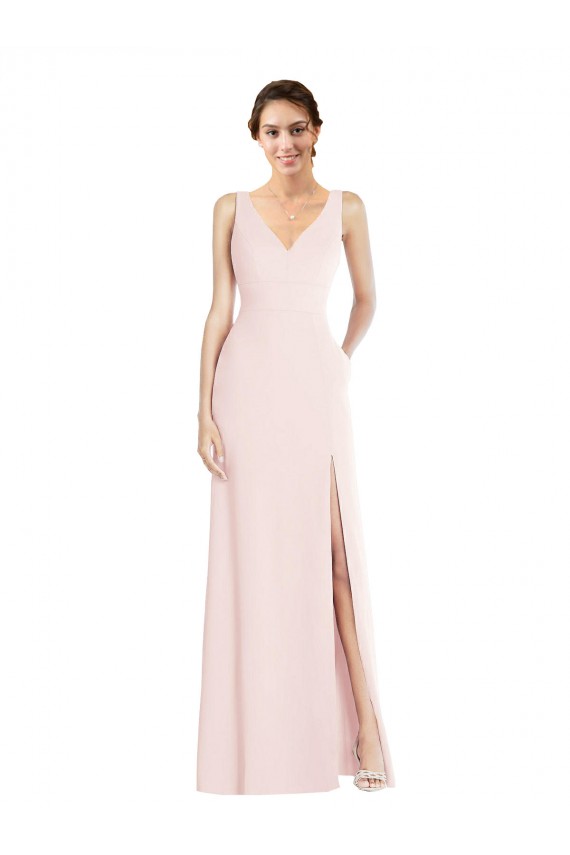 Fournisseurs de Rose Trapèze Col V Crêpe Stretch Longue Robes demoiselle d'honneur / Robes de bal