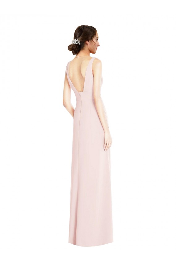 Fournisseurs de Rose Trapèze Col V Crêpe Stretch Longue Robes demoiselle d'honneur / Robes de bal