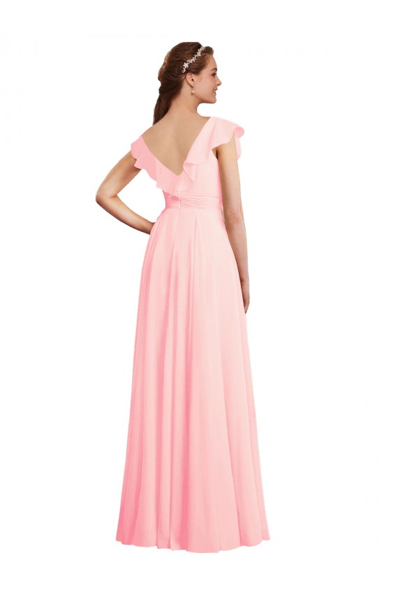 Fournisseurs de Rose Trapèze Col V Mousseline Longue Robes demoiselle d'honneur