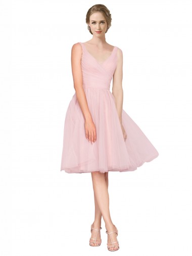 Fournisseurs de Rose Trapèze Col V Tulle Courte Robes demoiselle d'honneur / Robes de cocktail