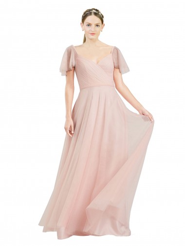 Fournisseurs de Rose Trapèze Col V Tulle Longue Robes demoiselle d'honneur