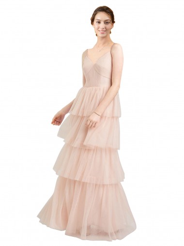 Fournisseurs de Rose Trapèze Col V Tulle Longue Robes demoiselle d'honneur