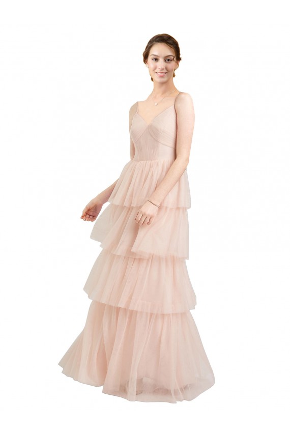 Fournisseurs de Rose Trapèze Col V Tulle Longue Robes demoiselle d'honneur