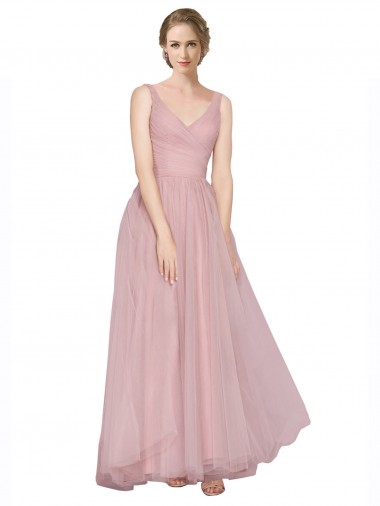 Fournisseurs de Rose Trapèze Col V Tulle Longue Robes demoiselle d'honneur