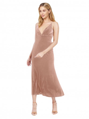 Fournisseurs de Rose Trapèze Col V midi Velours Stretch Courte Robes demoiselle d'honneur / Robes de bal / Robes de cocktail