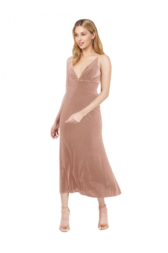 Fournisseurs de Rose Trapèze Col V midi Velours Stretch Courte Robes demoiselle d'honneur / Robes de bal / Robes de cocktail