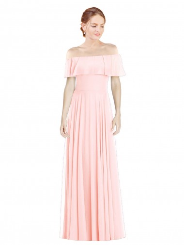 Fournisseurs de Rose Trapèze Épaule Dénudée Col Carré Mousseline Longue Robes demoiselle d'honneur
