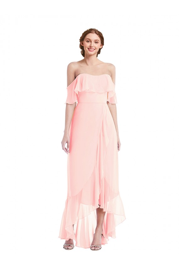 Fournisseurs de Rose Trapèze Épaule Dénudée Mousseline Longue Asymétrique Robes demoiselle d'honneur