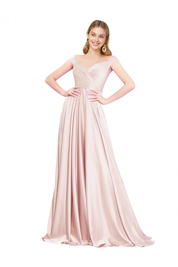 Fournisseurs de Rose Trapèze Épaule Dénudée Satiné Longue Formelles Robes demoiselle d'honneur / Robes de soirée / Robes de bal