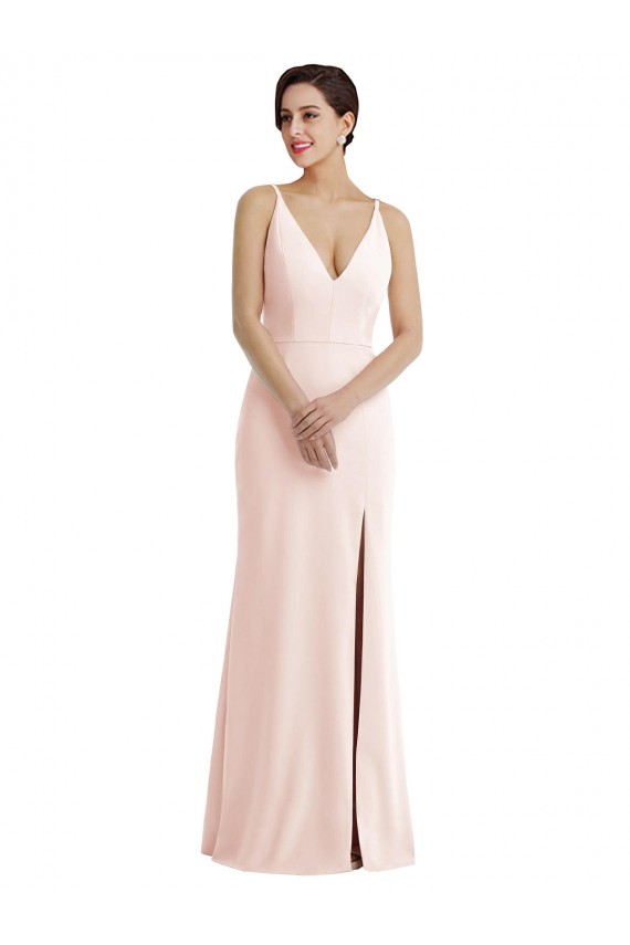 Fournisseurs de Rose Trompette Col V Crêpe Stretch Longue Formelles Robes demoiselle d'honneur / Robes de soirée / Robes de bal