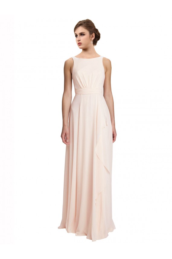 Fournisseurs de Rose crème Trapèze Bateau Col Haut Mousseline Longue Robes demoiselle d'honneur