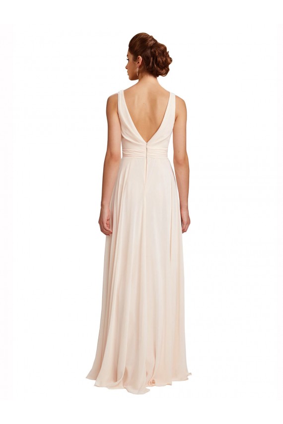Fournisseurs de Rose crème Trapèze Bateau Col Haut Mousseline Longue Robes demoiselle d'honneur