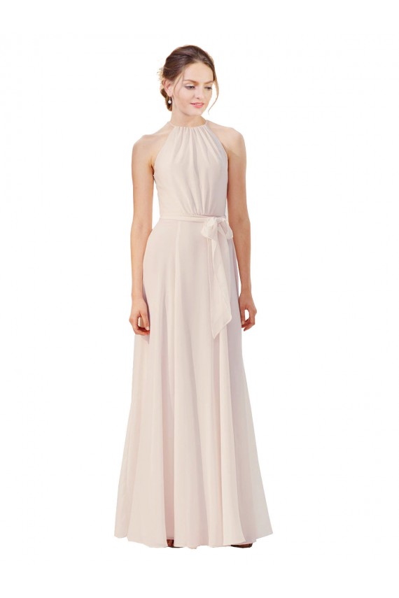 Fournisseurs de Rose crème Trapèze Bateau Col Haut Mousseline Longue Robes demoiselle d'honneur