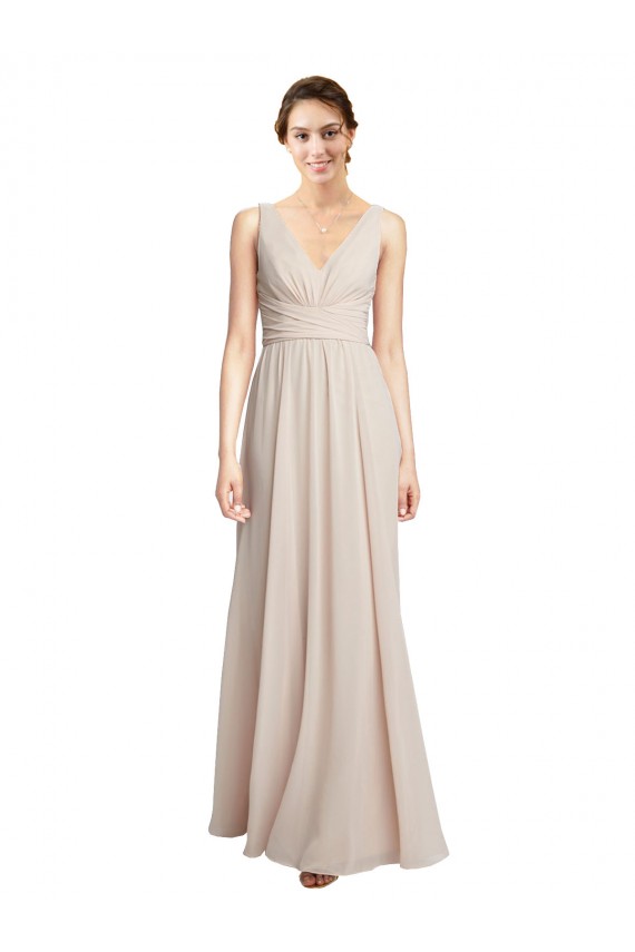 Fournisseurs de Rose crème Trapèze Col V Mousseline Longue Robes demoiselle d'honneur