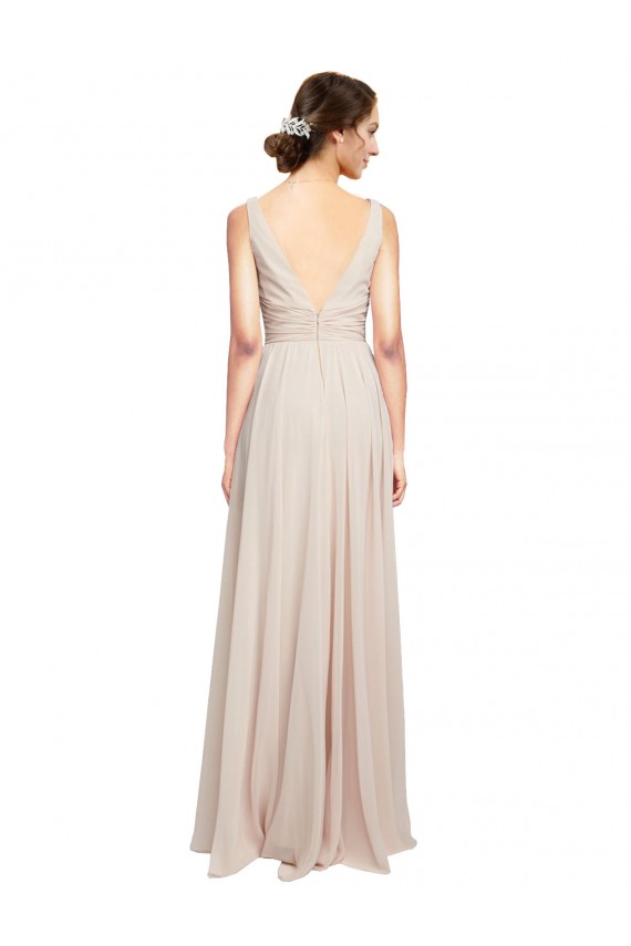 Fournisseurs de Rose crème Trapèze Col V Mousseline Longue Robes demoiselle d'honneur