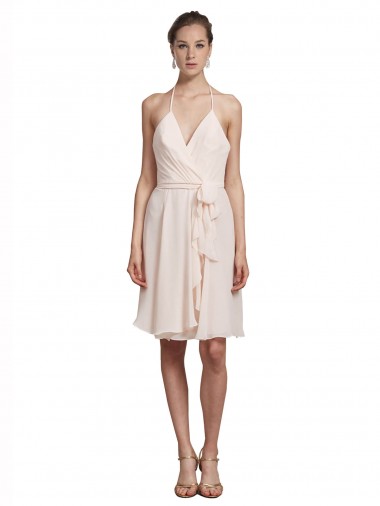 Fournisseurs de Rose crème Trapèze Licou Col V Mousseline Courte Robes demoiselle d'honneur / Robes de cocktail