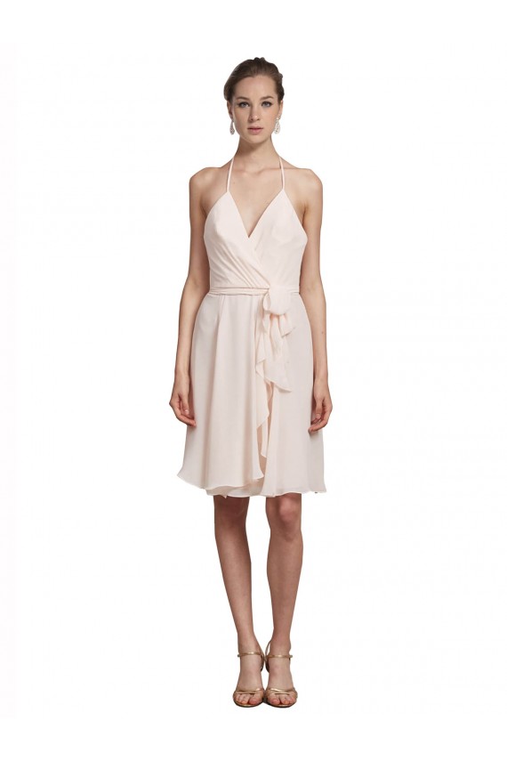 Fournisseurs de Rose crème Trapèze Licou Col V Mousseline Courte Robes demoiselle d'honneur / Robes de cocktail