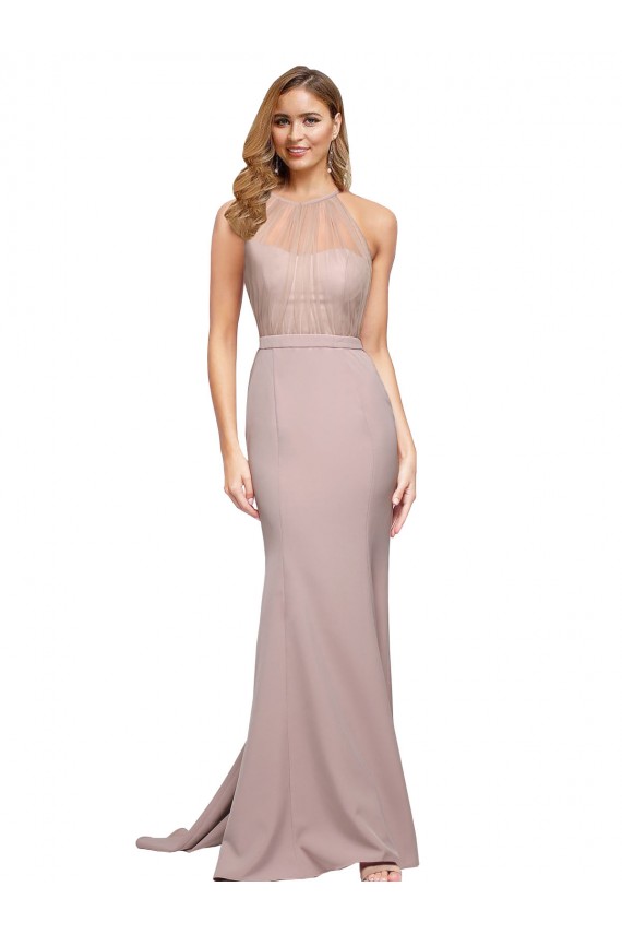 Fournisseurs de Rose poussiéreux Fourreau Col Haut Balayage train Crêpe Stretch Longue Formelles Robes demoiselle d'honneur / Robes de soirée / Robes de bal