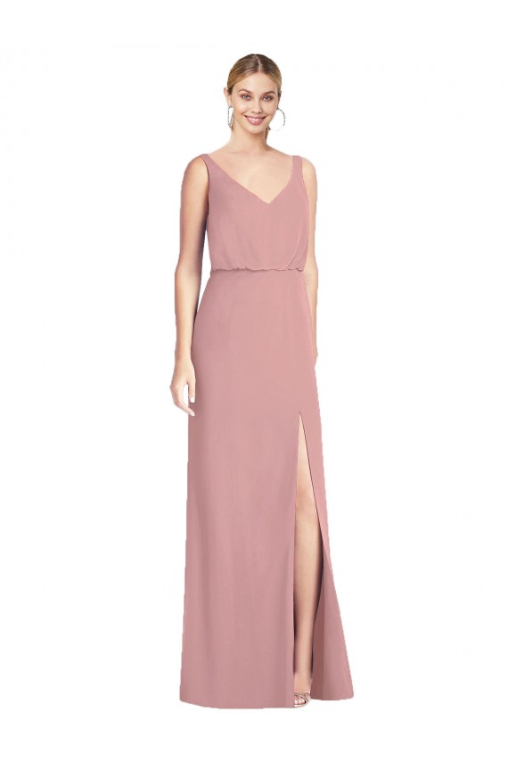 Fournisseurs de Rose poussiéreux Sirène Col V Mousseline Longue Robes demoiselle d'honneur