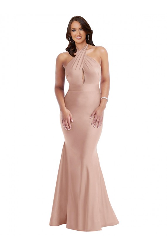 Fournisseurs de Rose poussiéreux Sirène Licou Satiné Soyeux Longue Formelles Robes demoiselle d'honneur / Robes de soirée / Robes de bal