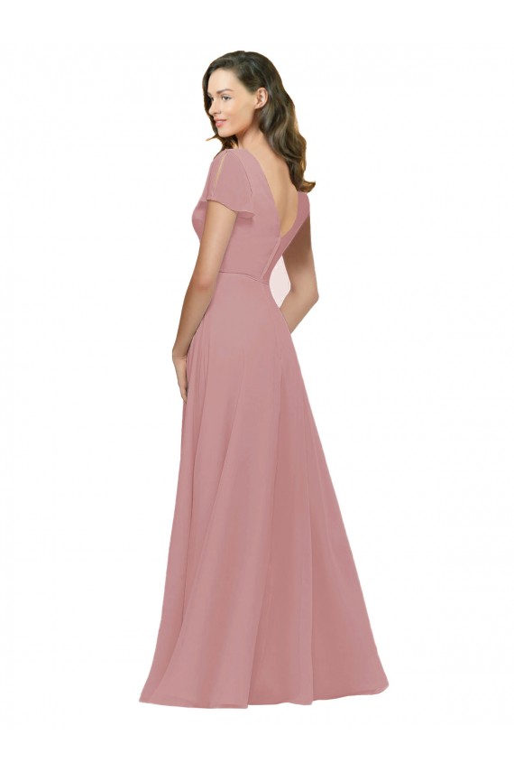 Fournisseurs de Rose poussiéreux Trapèze Col V Mousseline Longue Robes demoiselle d'honneur