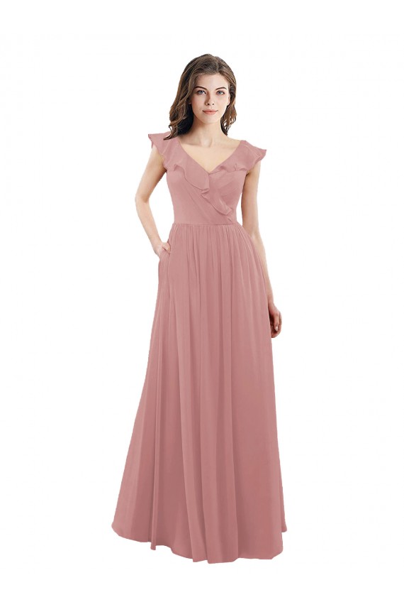 Fournisseurs de Rose poussiéreux Trapèze Col V Mousseline Longue Robes demoiselle d'honneur