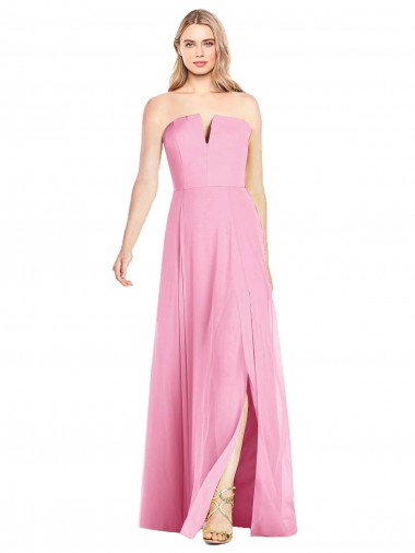 Fournisseurs de Rose vif Trompette Col V Sans bretelle Mousseline Longue Robes demoiselle d'honneur