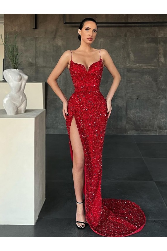 Fournisseurs de Rouge Fourreau Col V Balayage train Paillettes Velours Longue Robes de bal