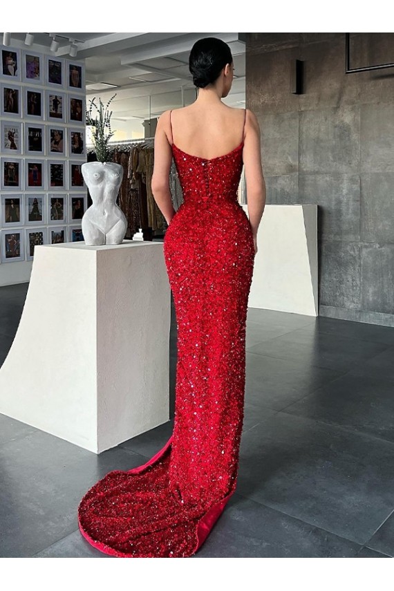 Fournisseurs de Rouge Fourreau Col V Balayage train Paillettes Velours Longue Robes de bal