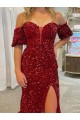 Fournisseurs de Rouge Fourreau Épaule Dénudée Traîne moyenne Paillettes Velours Longue Robes de bal