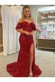 Fournisseurs de Rouge Fourreau Épaule Dénudée Traîne moyenne Paillettes Velours Longue Robes de bal