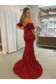 Fournisseurs de Rouge Fourreau Épaule Dénudée Traîne moyenne Paillettes Velours Longue Robes de bal