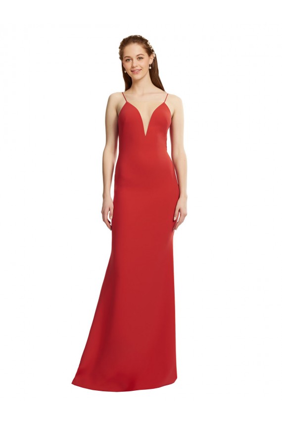 Fournisseurs de Rouge Sirène Bretelles spaghetti Col V Crêpe Stretch Longue Formelles Robes demoiselle d'honneur / Robes de soirée / Robes de bal
