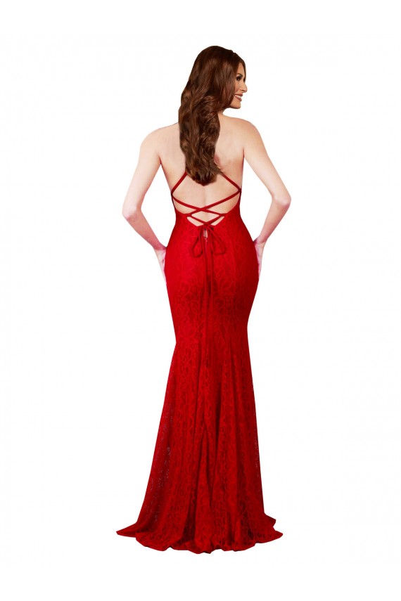 Fournisseurs de Rouge Sirène Col V Dentelle Longue Formelles Robes demoiselle d'honneur / Robes de soirée / Robes de bal