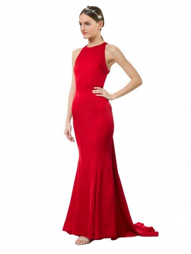 Fournisseurs de Rouge Sirène Licou Col Haut Crêpe Stretch Longue Formelles Robes demoiselle d'honneur / Robes de soirée / Robes de bal