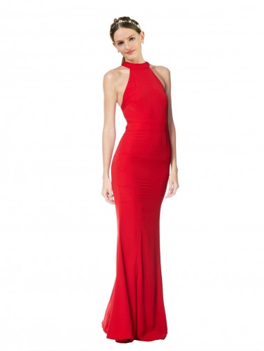 Fournisseurs de Rouge Sirène Licou Col Haut Crêpe Stretch Longue Formelles Robes demoiselle d'honneur / Robes de soirée / Robes de bal