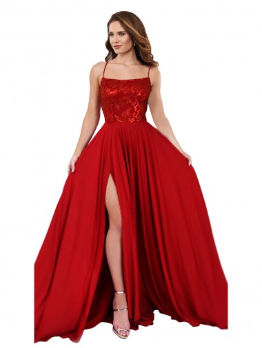 Fournisseurs de Rouge Trapèze Bretelles spaghetti Col Carré Spandex Dentelle Longue Robes demoiselle d'honneur / Robes de bal