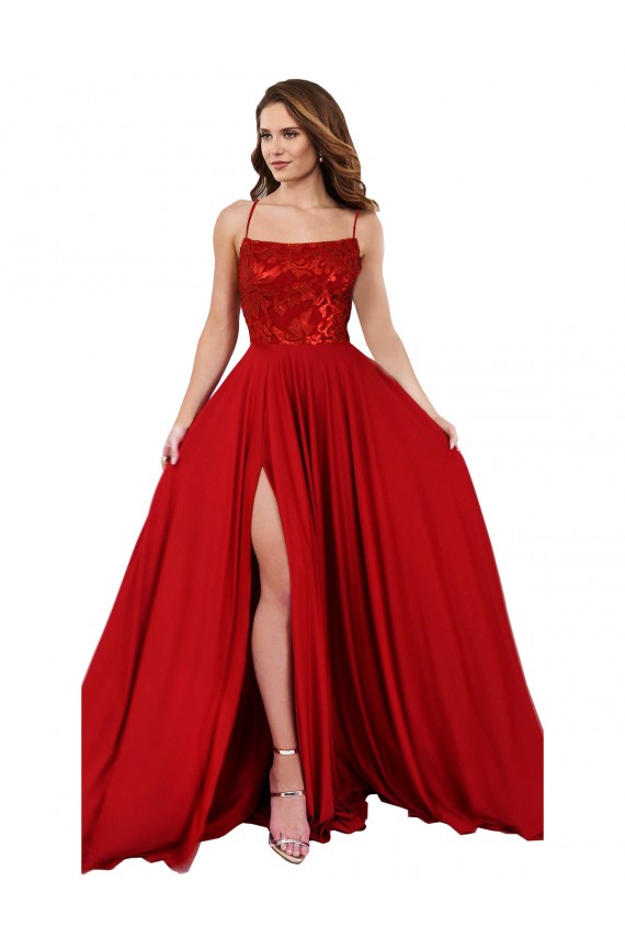 Fournisseurs de Rouge Trapèze Bretelles spaghetti Col Carré Spandex Dentelle Longue Robes demoiselle d'honneur / Robes de bal