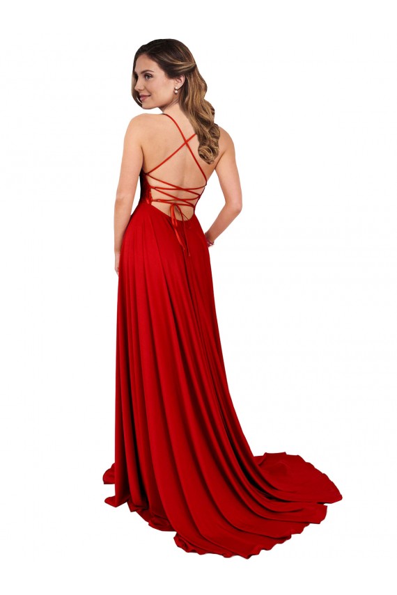 Fournisseurs de Rouge Trapèze Bretelles spaghetti Col Carré Spandex Dentelle Longue Robes demoiselle d'honneur / Robes de bal