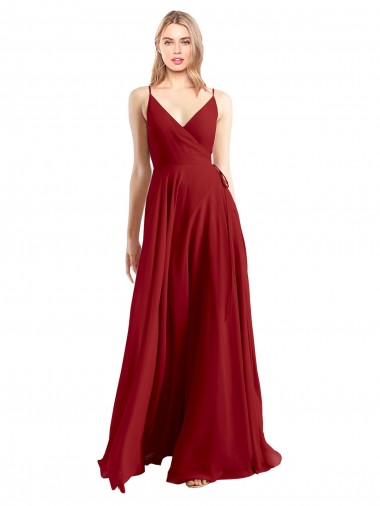 Fournisseurs de Rouge Trapèze Bretelles spaghetti Col V Mousseline Longue Robes demoiselle d'honneur