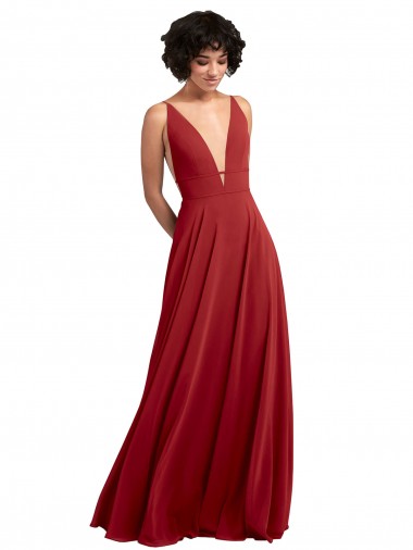 Fournisseurs de Rouge Trapèze Col V Mousseline Longue Robes demoiselle d'honneur