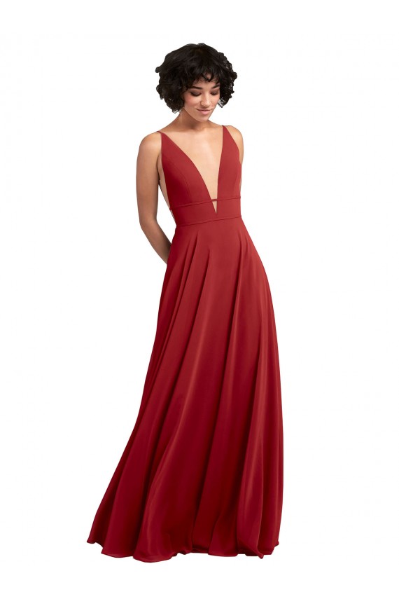 Fournisseurs de Rouge Trapèze Col V Mousseline Longue Robes demoiselle d'honneur