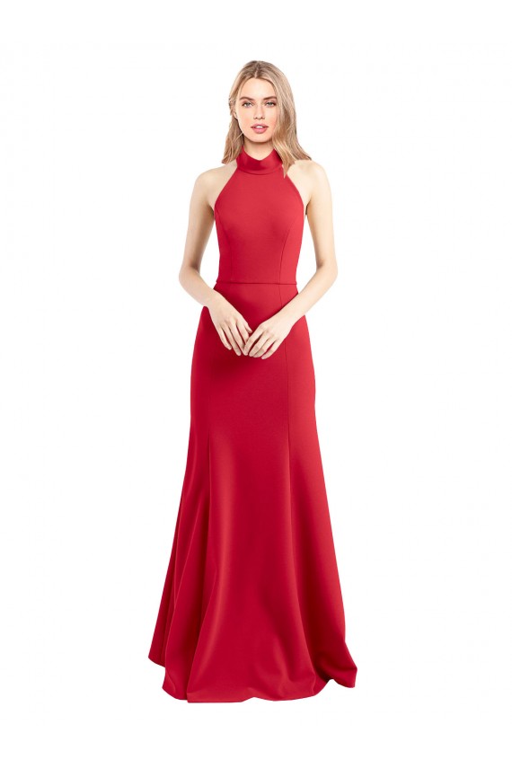Fournisseurs de Rouge Trapèze Licou Col Haut Crêpe Stretch Longue Formelles Robes demoiselle d'honneur / Robes de soirée / Robes de bal