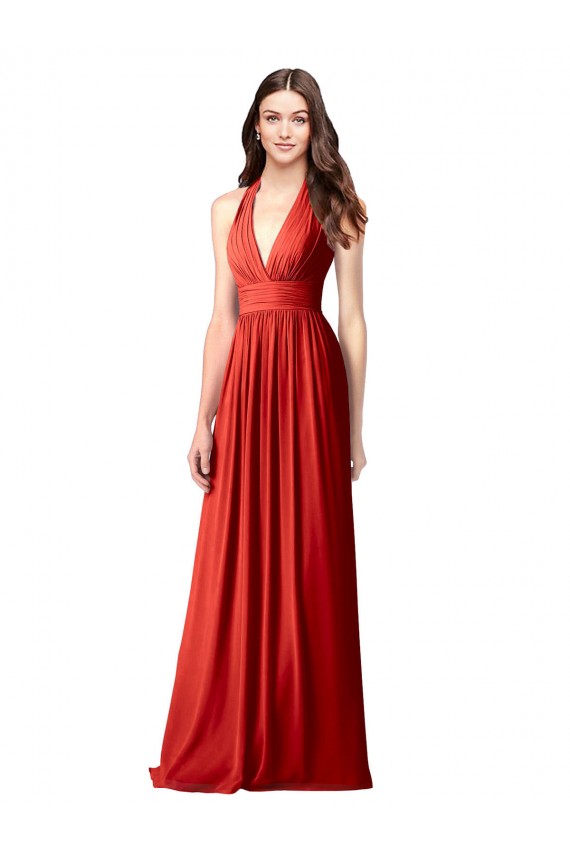 Fournisseurs de Rouge Trapèze Licou Col V Mousseline Longue Robes demoiselle d'honneur