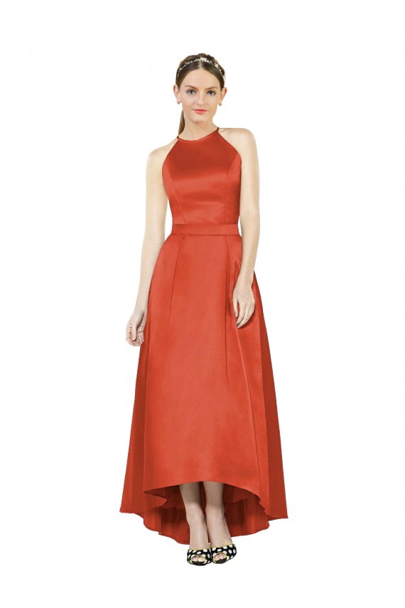 Fournisseurs de Rouge Épice Trapèze Licou Satiné Longue Asymétrique Robes demoiselle d'honneur