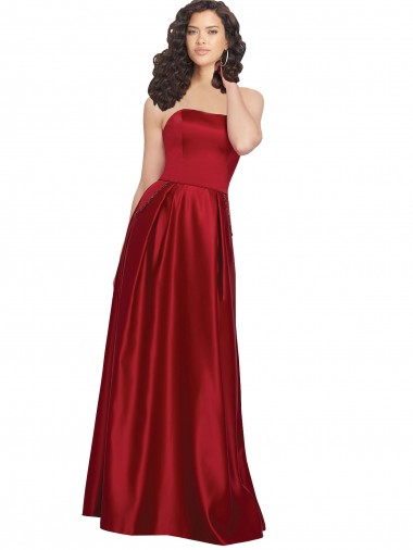 Fournisseurs de Rouge foncé Trapèze Sans bretelle Satiné Longue Robes demoiselle d'honneur / Robes de bal