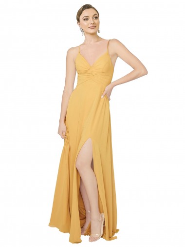 Fournisseurs de Safran Trapèze Col V Mousseline Longue Robes demoiselle d'honneur