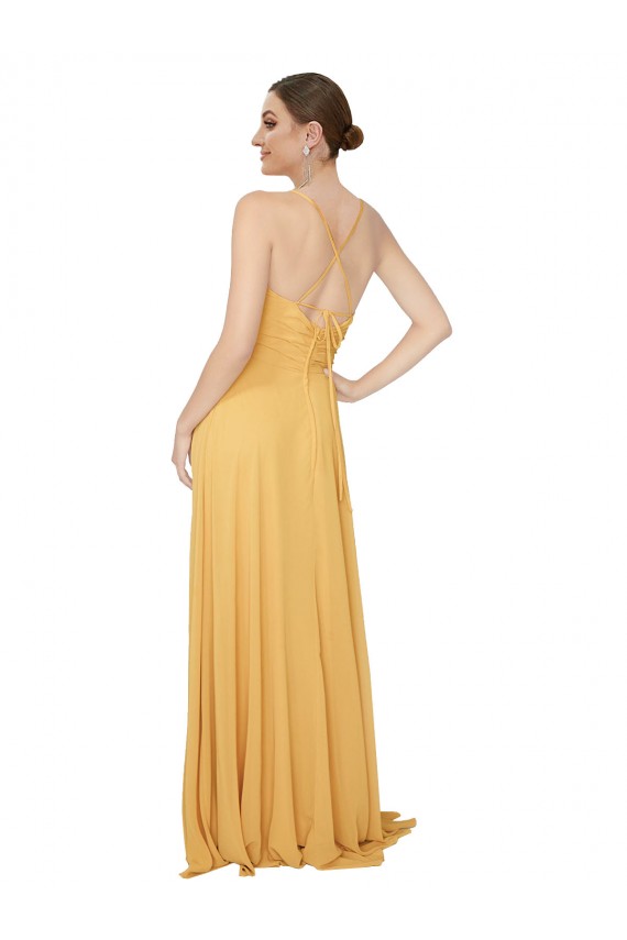 Fournisseurs de Safran Trapèze Col V Mousseline Longue Robes demoiselle d'honneur