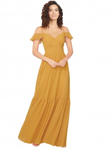 Fournisseurs de Safran Trapèze Col V Mousseline Longue Robes demoiselle d'honneur