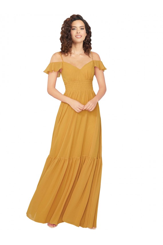 Fournisseurs de Safran Trapèze Col V Mousseline Longue Robes demoiselle d'honneur